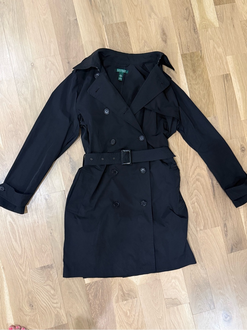 Ralph Lauren Black Double-Breasted Belted Trench Rain Coat